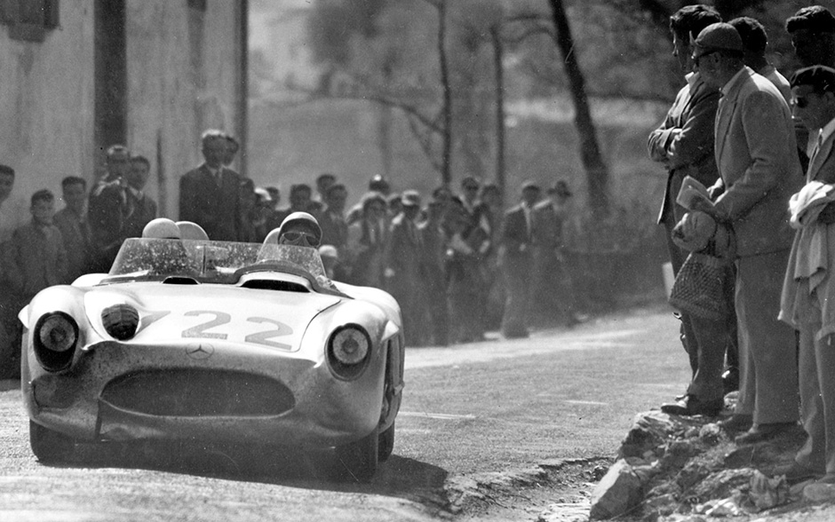 Moss and co-pilot Dennis Jenkinson hustle the damaged original 300SLR on their way an epic 1955 Mille Miglia victory.
