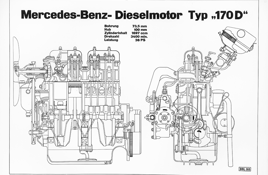 Mercedes-Benz diesel engine from the 170 D, drawing in a 1951 brochure;