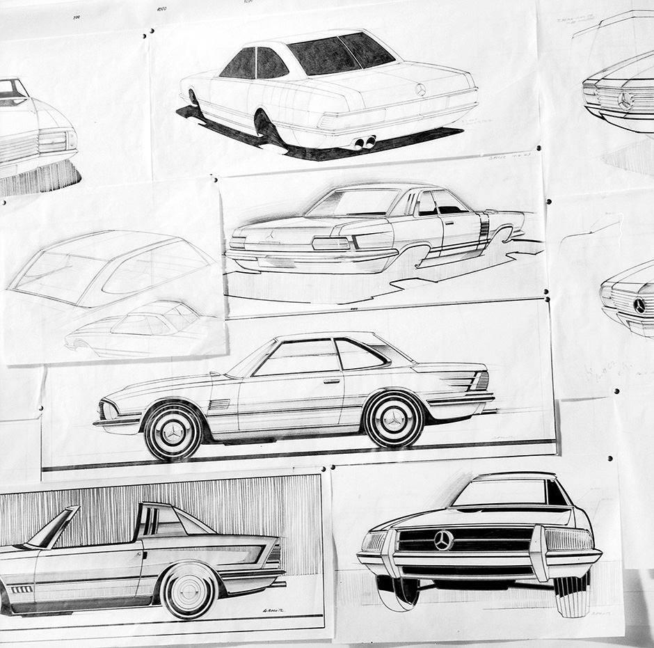 Entwicklungsphasen des Mercedes-Benz SL (R 107, 1971 bis 1989). Ideenskizzen aus dem Design, die zwar nicht realisiert wurden, aber doch in Details Anklänge von stilistischen Merkmalen zeigen.